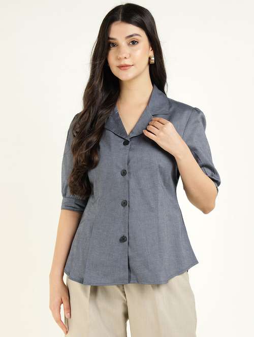 women solid lapel collar regular fit shirt - 22038627 - Very Small Image - 1