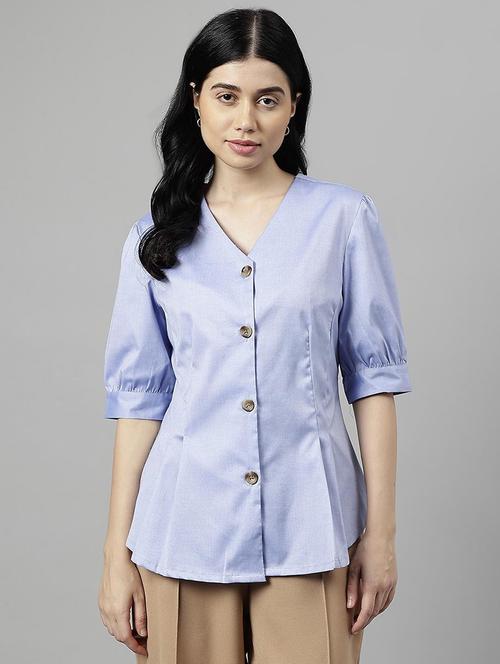 women solid v neck puff sleeve shirt - 22038673 - Very Small Image - 1