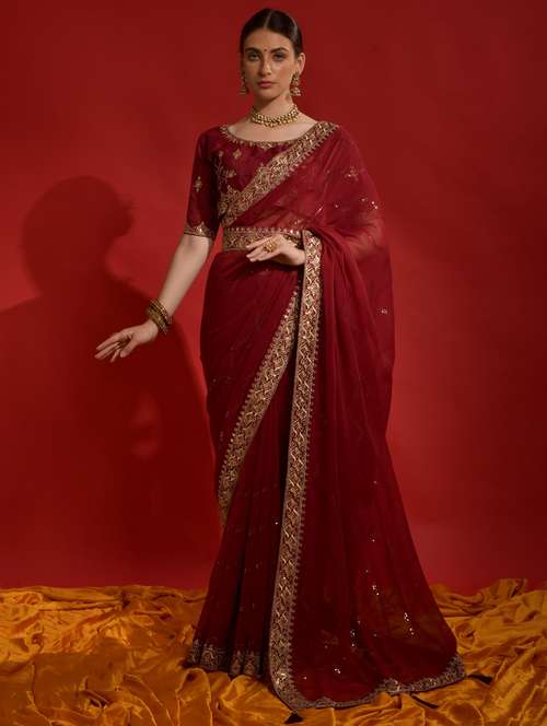 women solid with work embroidered saree with blouse - 22060533 - Very Small Image - 1