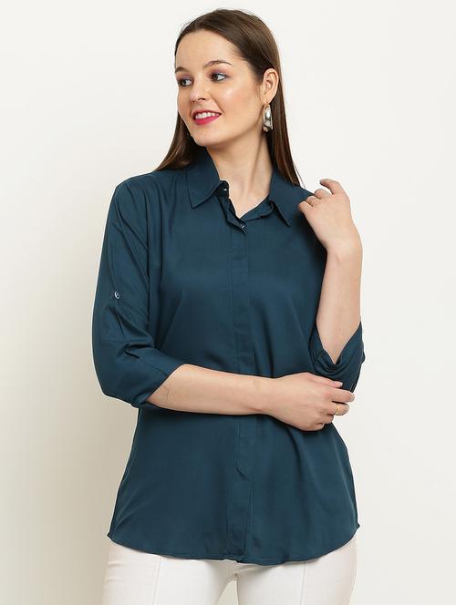 women solid collared three quarter sleeve shirt - 22061349 - Very Small Image - 1
