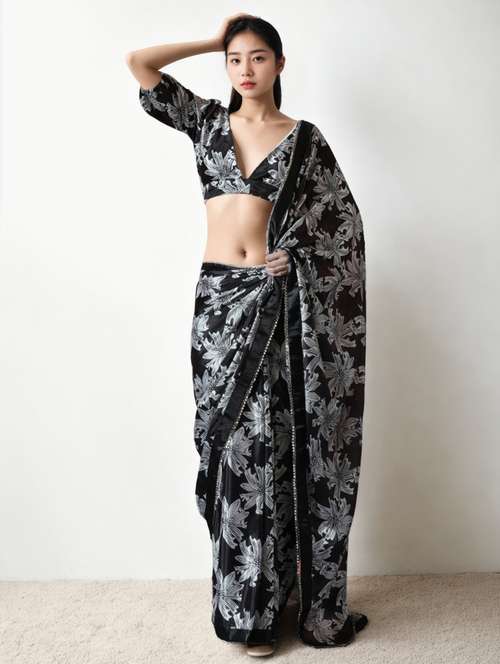 women floral printed ready to wear saree with blouse - 22074638 - Very Small Image - 1