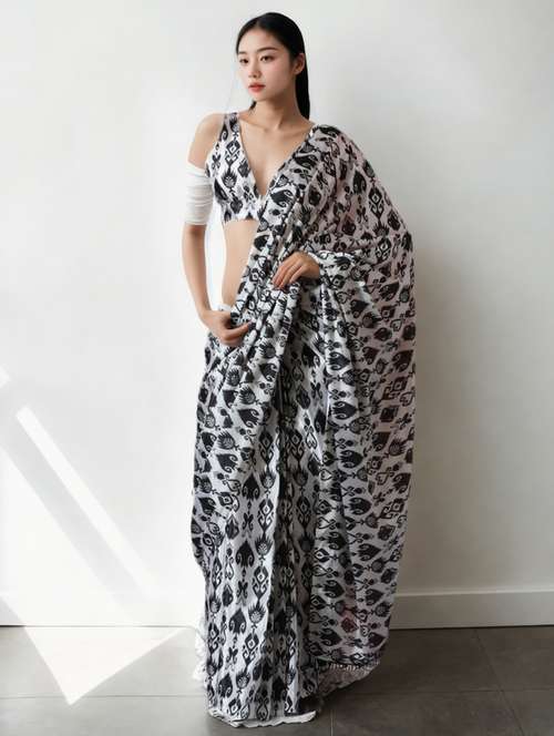 women ikat printed ready to wear saree with blouse - 22074677 - Very Small Image - 1