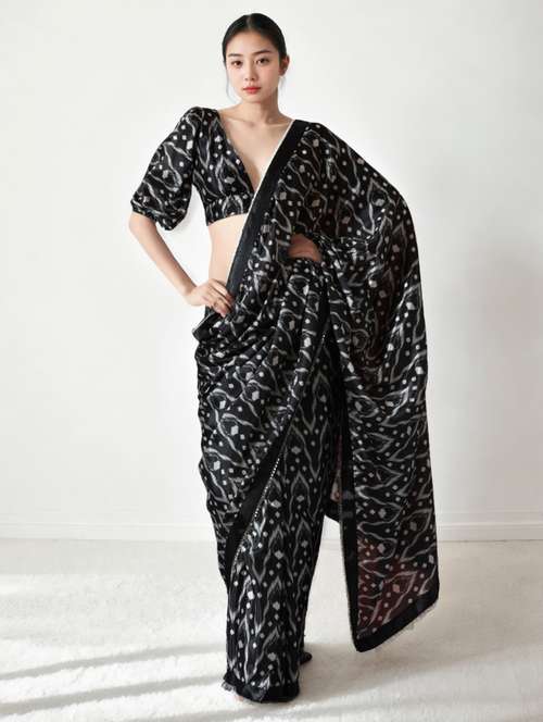 women ikat printed ready to wear saree with blouse - 22074681 - Very Small Image - 1