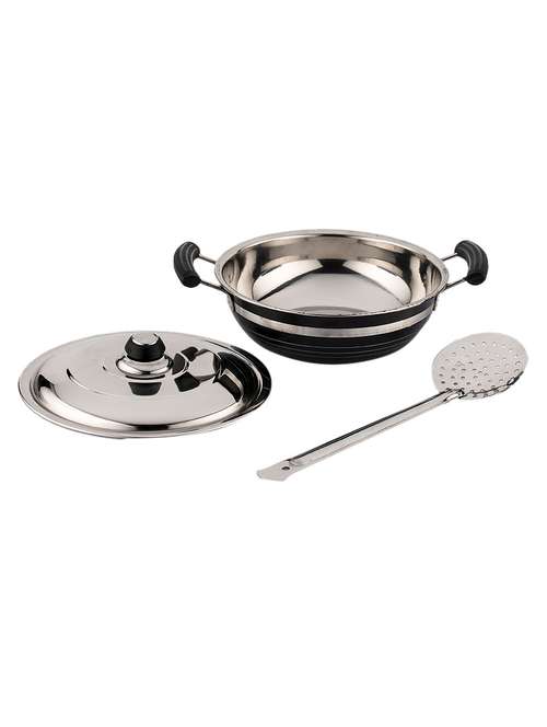 stainless steel induction base black color kadai 220 mm with frying jara - 10606064 - Very Small Image - 1