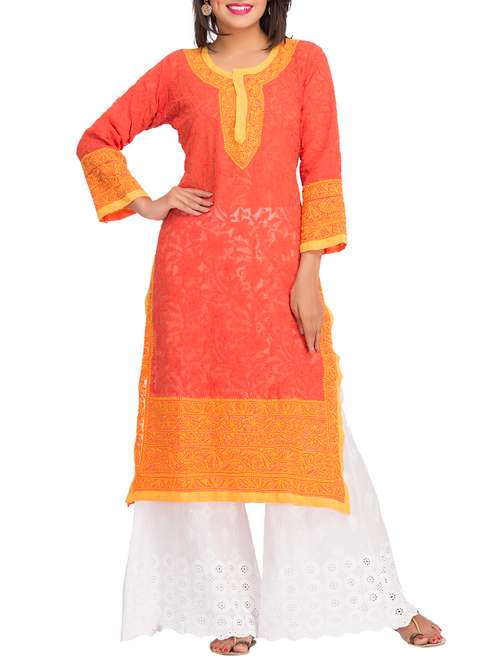Coral Chikankari Embroidered Georgette Kurta - 11875849 - Very Small Image - 1