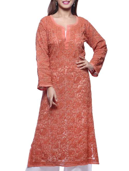 Peach Chikankari Embroidered Georgette Kurta - 11960458 - Very Small Image - 1