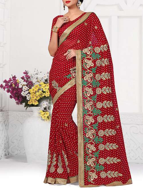 red poly georgette saree with blouse - 12125033 - Very Small Image - 1