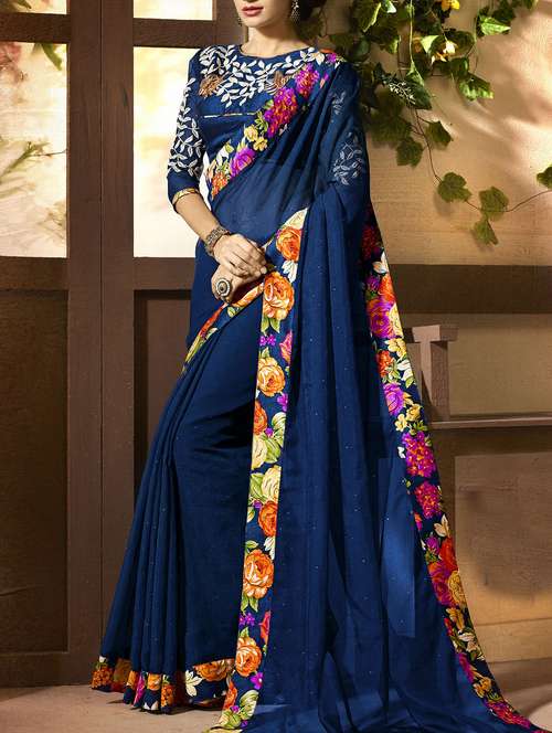 blue net bordered saree with blouse - 12133575 - Very Small Image - 1