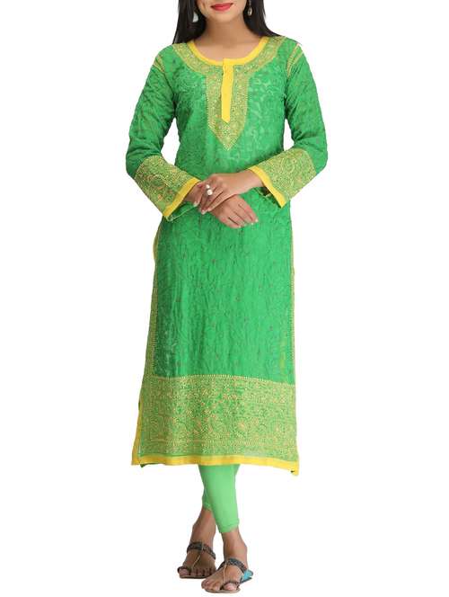 green georgette straight kurta - 12156013 - Very Small Image - 1