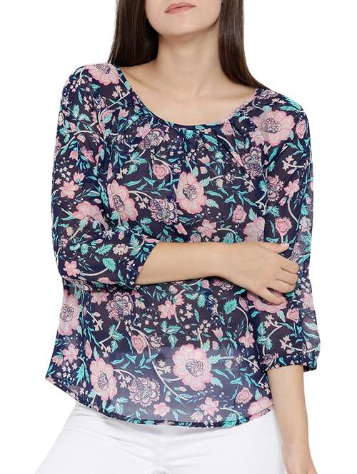 navy blue floral printed top - 12267491 - Very Small Image - 1