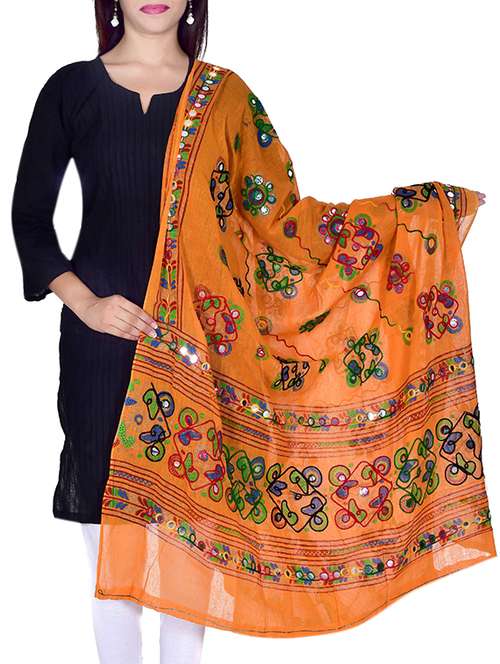 orange cotton embellished dupatta - 12372862 - Very Small Image - 1