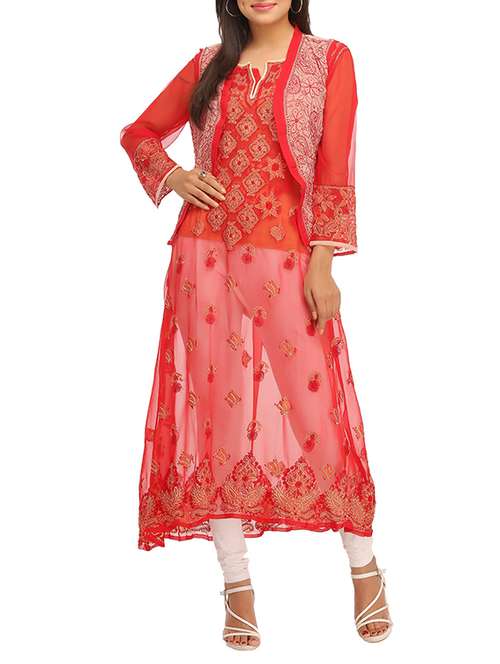 Red georgette chikankari embroidered kurta - 12426081 - Very Small Image - 1