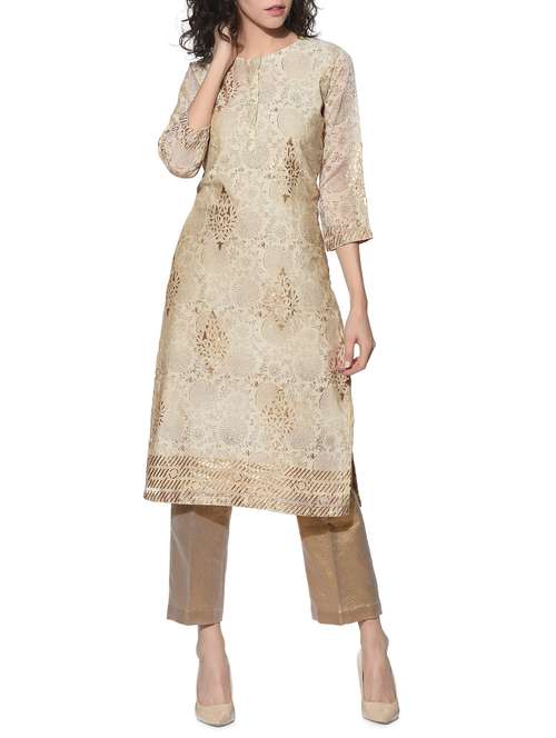 beige chanderi foil print kurta - 12568634 - Very Small Image - 1