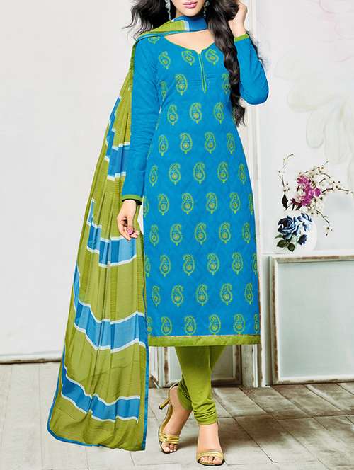 sky blue cotton blend churidaar suits unstitched suit - 13124009 - Very Small Image - 1