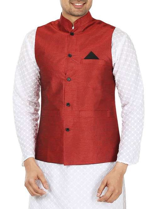 solid maroon polyester nehru jacket - 13270140 - Very Small Image - 1