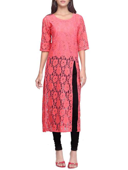 pink net high slit kurta - 13337761 - Very Small Image - 1