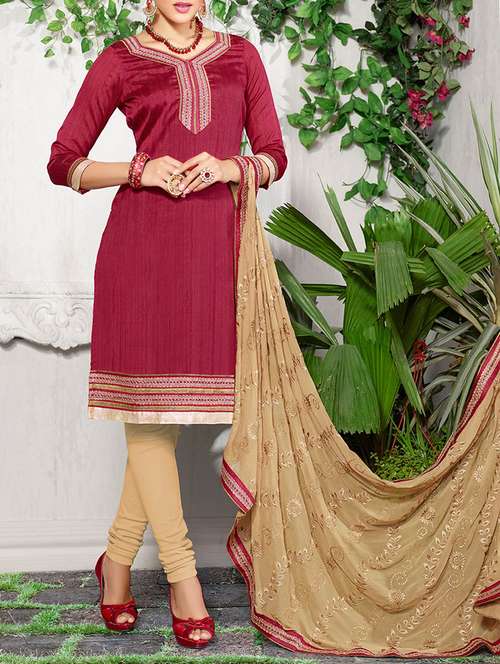 maroon silk blend embroidered straight dress material - 13382361 - Very Small Image - 1