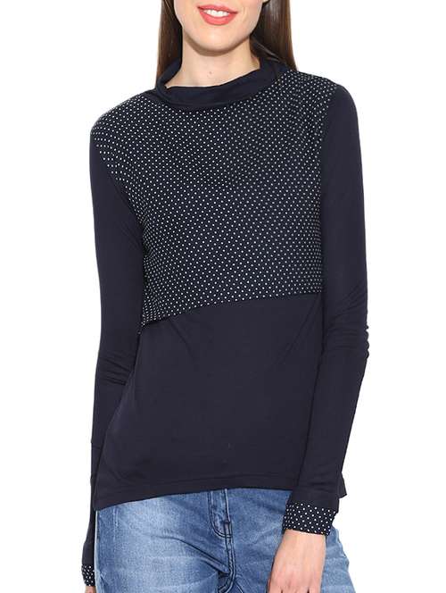 navy blue polka dots printed cotton regular tee - 13661060 - Very Small Image - 1