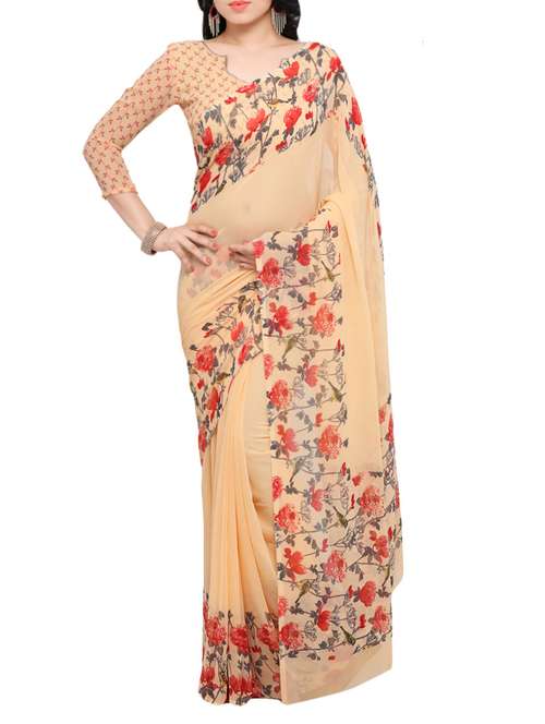 peach georgette printed saree with blouse - 13832424 - Very Small Image - 1