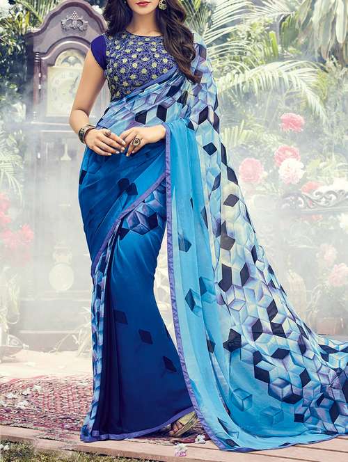 blue printed georgette saree - 14090881 - Very Small Image - 1