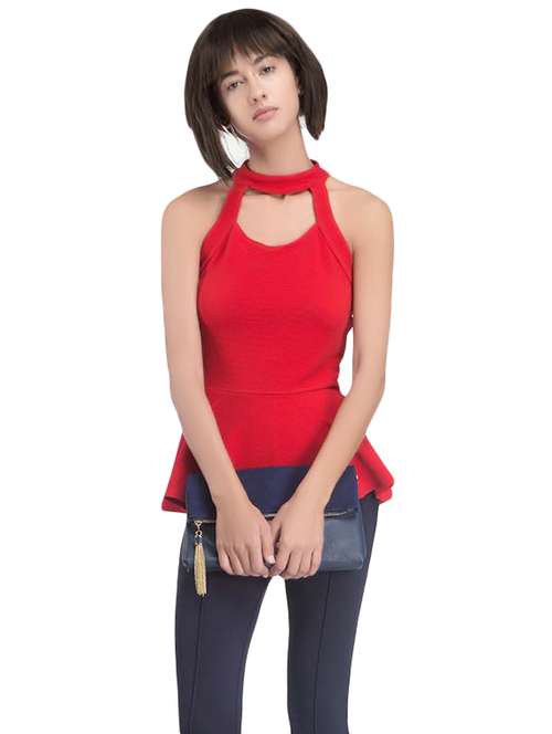 red choker neck peplum top - 14402575 - Very Small Image - 1