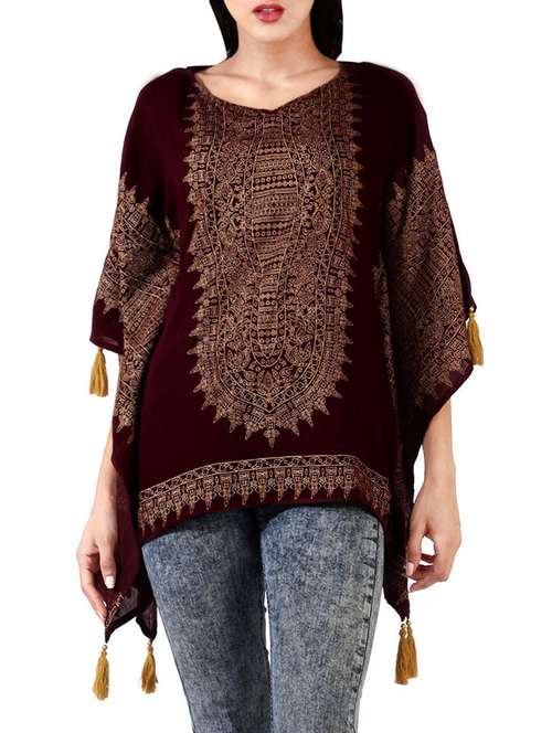 maroon printed tasseled kaftan - 14449883 - Very Small Image - 1