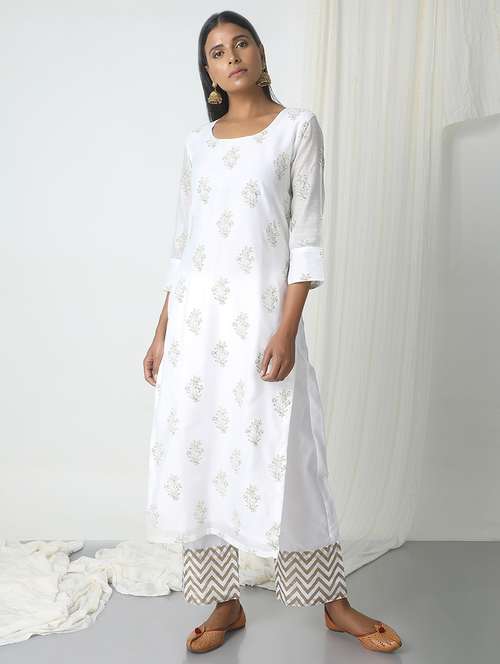 TrueBrowns white chanderi straight kurta - 14465930 - Very Small Image - 1