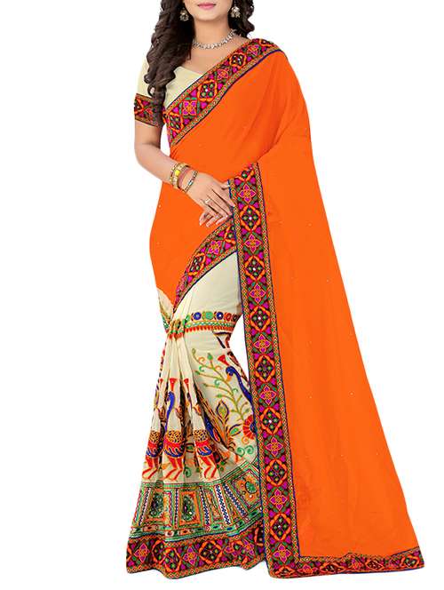 women's solid with work orange colored saree with blouse - 14618670 - Very Small Image - 1