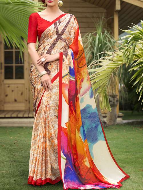 red colored printed saree with blouse - 14646172 - Very Small Image - 1