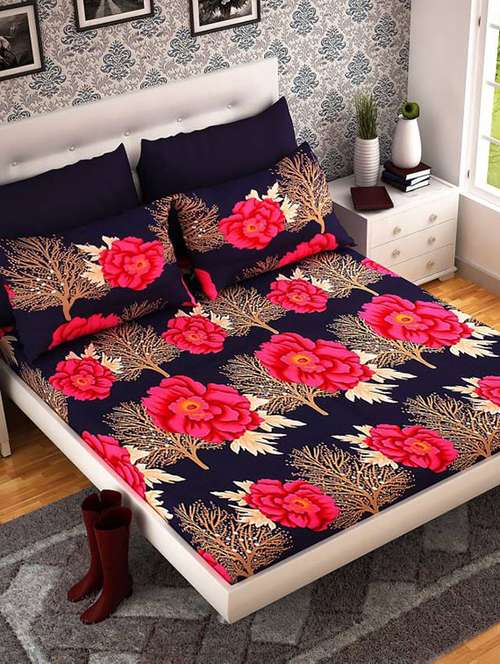 polycotton printed double bedsheet with 2 pillow covers - 14790433 - Very Small Image - 1