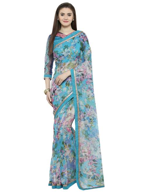 lace bordered floral printed saree  with blouse - 14807021 - Very Small Image - 1