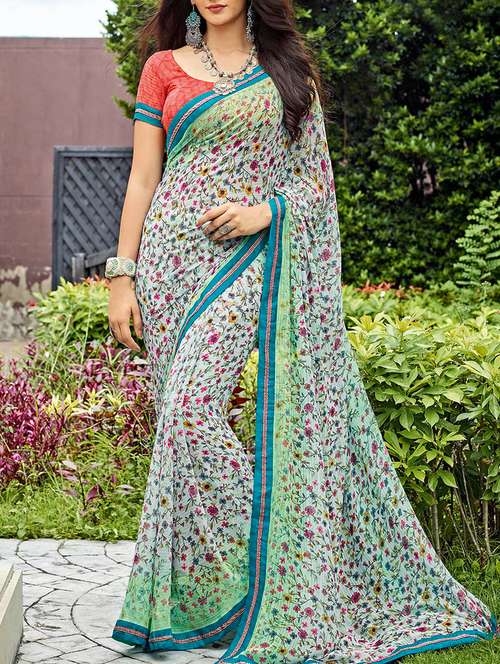floral printed saree with blouse - 14881284 - Very Small Image - 1