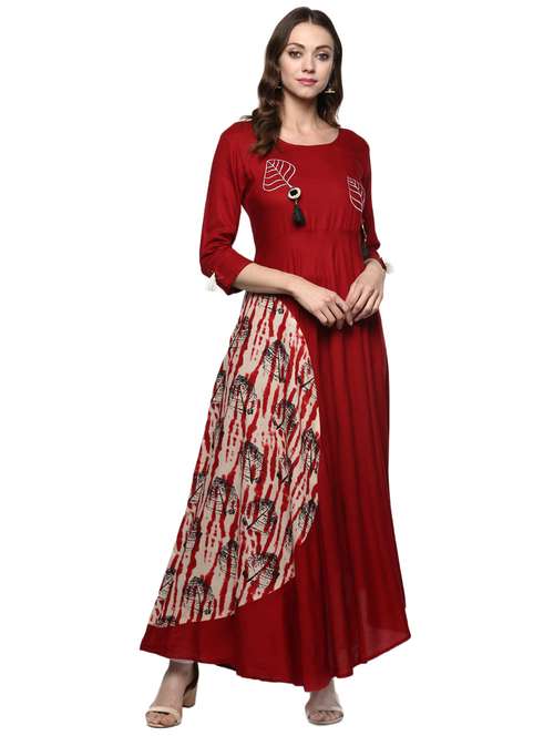 maroon rayon flared kurta - 15059595 - Very Small Image - 1