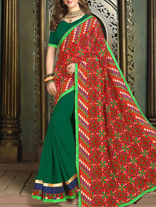 women's solid with work dark green colored saree with blouse - 15227461 - Very Small Image - 1