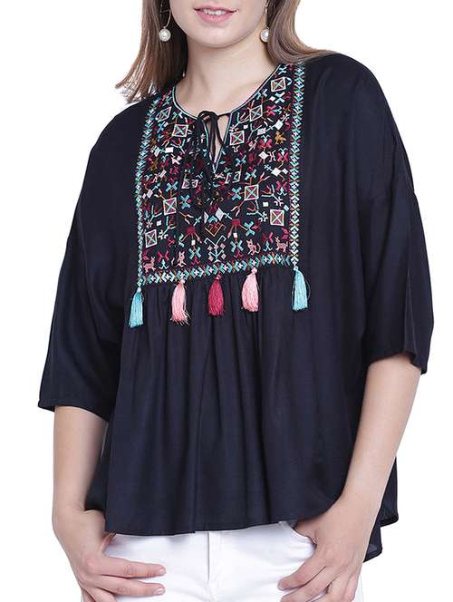 embroidered yoke tie knot neck top - 15230979 - Very Small Image - 1