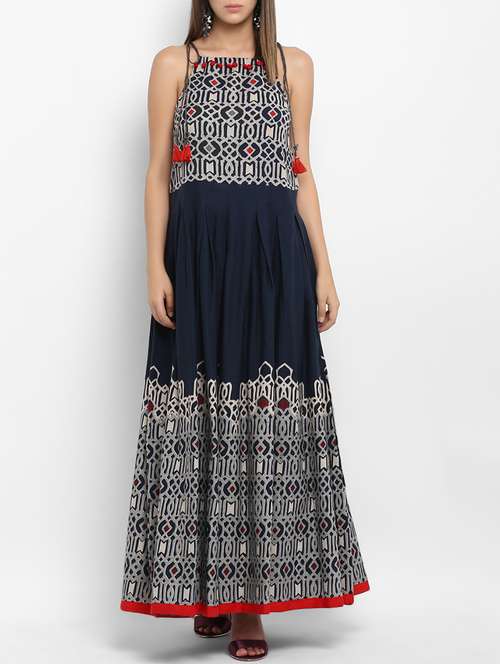 shoulder tie up printed gown with pom pom - 15383619 - Very Small Image - 1