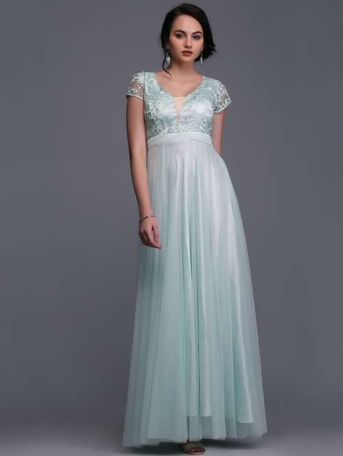 pastel blue embroidered flared gown - 15445041 - Very Small Image - 1