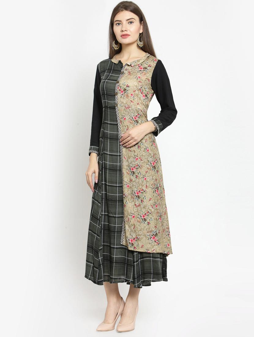 a-line checkered panel kurta - 15517389 - Zoom Image - 1
