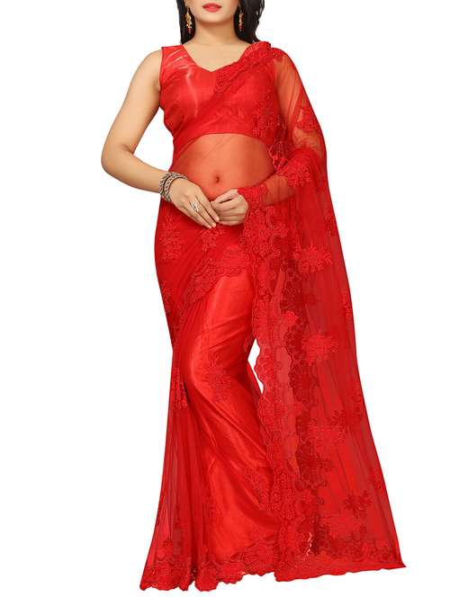 floral embroidered red saree with blouse - 15572170 - Very Small Image - 1