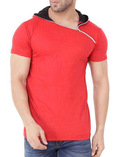 men red solid slimt fit hooded t-shirt - 15651735 - Very Small Image - 1