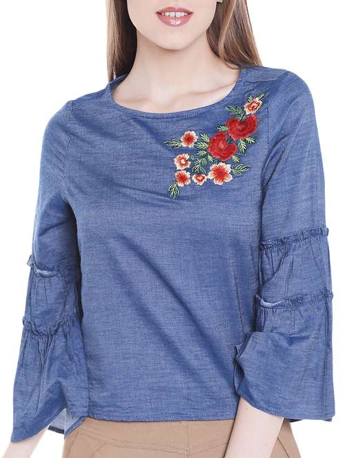frill trim sleeved embroidered top - 15675258 - Very Small Image - 1