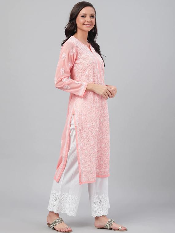 peach color georgette long women chikankari kurta - 15842063 - Zoom Image - 2