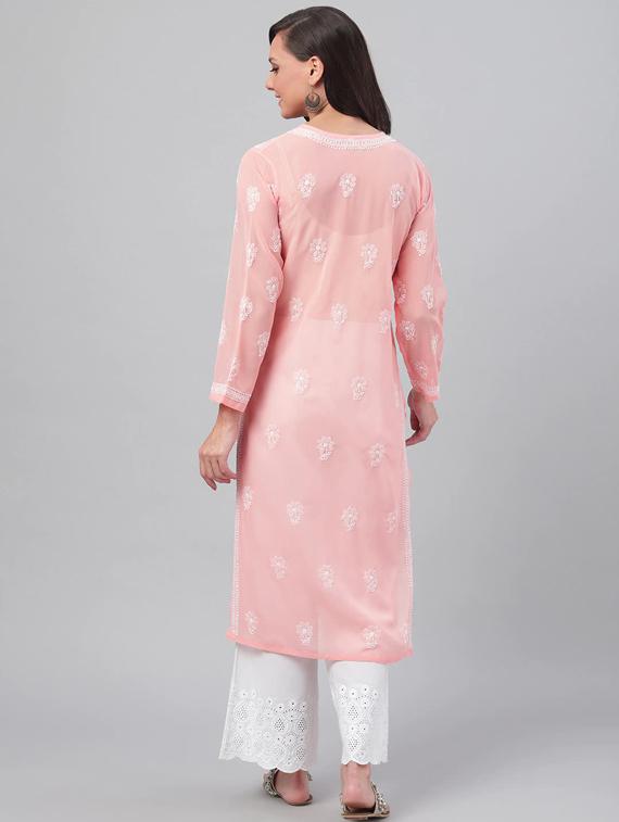 peach color georgette long women chikankari kurta - 15842063 - Standard Image - 3