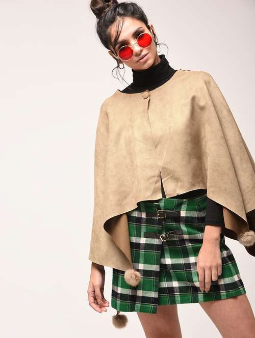 pom pom detail single button tie poncho - 15900893 - Very Small Image - 1