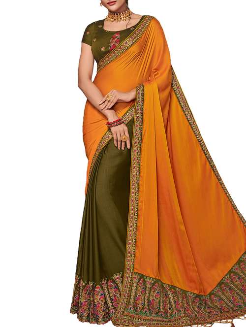 floral embroidered mustard half and half saree with blouse - 15923998 - Very Small Image - 1