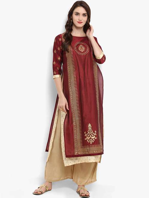 maroon chanderi foil print kurta - 15932533 - Very Small Image - 1