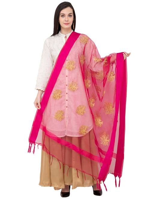 pink embroidered dupatta with fringes  - 16039387 - Very Small Image - 1