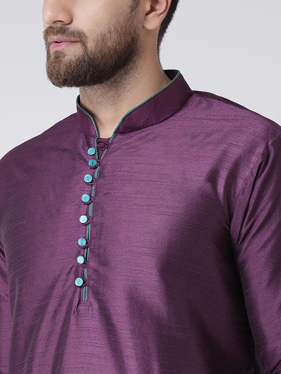 purple silk blend kurta pyjama set - 16087304 - Zoom Image - 3