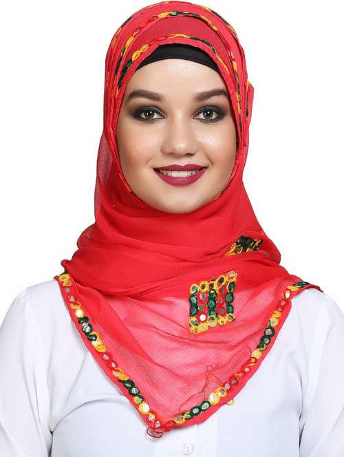 red mirror work embroidered scarf - 16101072 - Very Small Image - 1