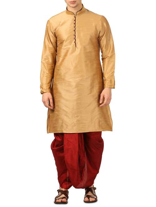beige silk blend dhoti kurta set - 16134965 - Very Small Image - 1